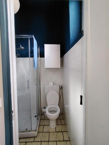 a bathroom with a toilet and a shower at La casa colorata con vista in Borgomaro