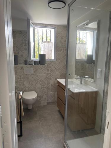 une salle de bain avec une douche, un lavabo et des toilettes dans l'établissement Appartement entre Mer & Montagne, à la campagne, à Ustaritz