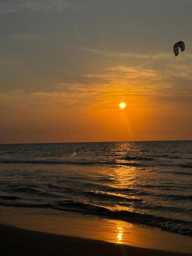 a person flying a kite on the beach at sunset at habitacion con vista al mar in Cartagena de Indias
