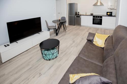 a living room with a couch and a flat screen tv at Rinconcito de Uxama in El Burgo de Osma