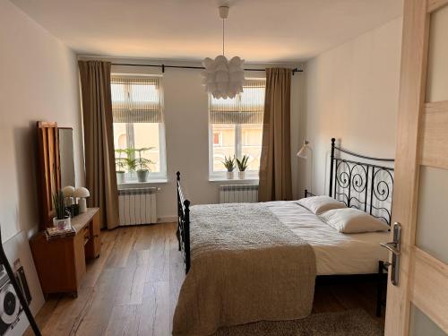 a bedroom with a bed and two windows at Apartament Tuchola in Tuchola