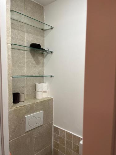 La salle de bains est pourvue d'une douche et d'une étagère en verre. dans l'établissement Le nid, à Paris