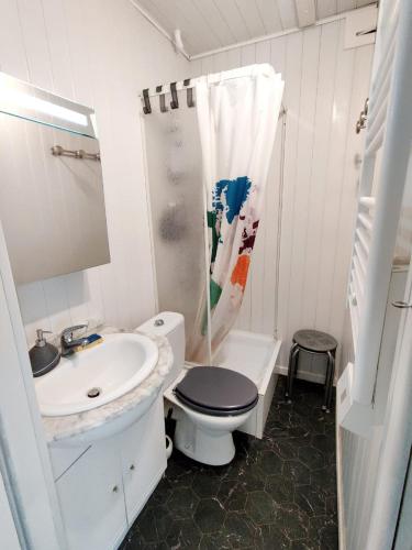 une salle de bain blanche avec des toilettes et un lavabo dans l'établissement Le petit cocon au bord de mer, à Mers-les-Bains