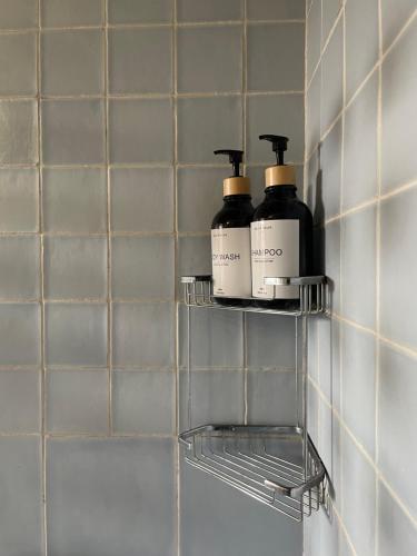 a bathroom with two bottles of soap on a shelf at San Bartolome Etxea 1 in Ea