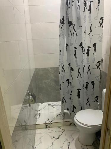 a bathroom with a shower curtain with a toilet at Sevan-welcome in Sevan
