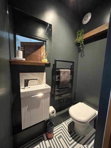 ein Badezimmer mit Toilette, Waschbecken und Spiegel in der Unterkunft Victorian Woodbridge cottage in Melton