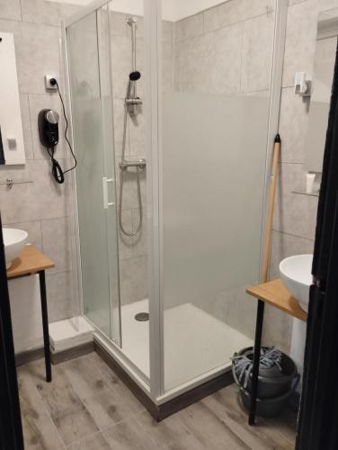 une douche avec une porte vitrée dans une salle de bain dans l'établissement Appartement Morlaix pres de la gare avec 2 chambres, à Morlaix