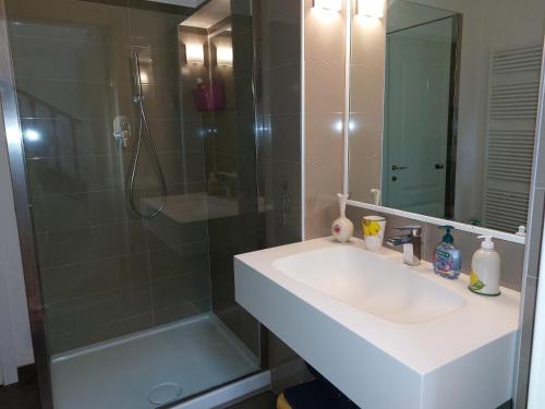 a bathroom with a sink and a shower at B&B Poggio di Vento sulla via degli Dei in Monzuno