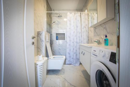 un bagno con WC e lavatrice di Bubi Apartment a Gevgelija