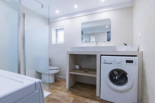 une salle de bain avec machine à laver et toilettes dans l'établissement Domaine Manon en Luberon privatisé - 21 couchages, à Lagnes