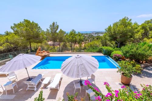 a pool with chairs and umbrellas in a garden at Villa Azumar, piscina, jardín in Sant Carles de Peralta