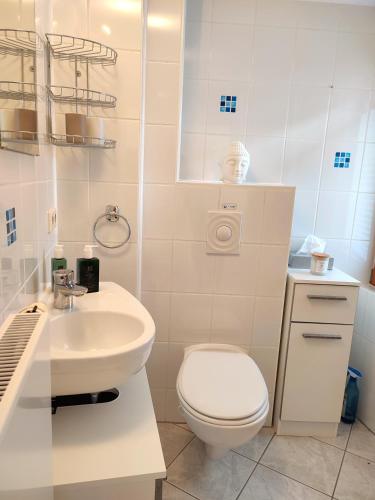 a white bathroom with a toilet and a sink at Marta in Sankt Martin