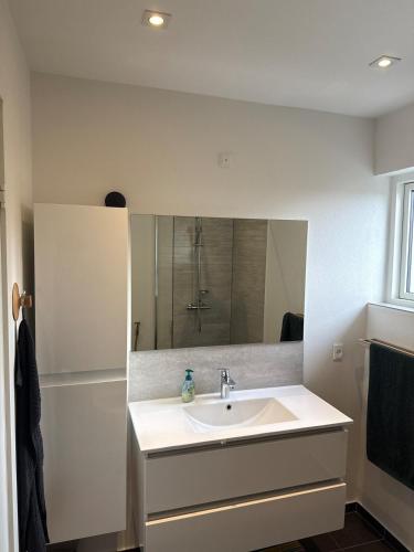a bathroom with a sink and a mirror at Cozy house in Hjoerring close to city & nature in Hjørring
