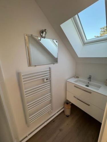 une salle de bain avec un lavabo et un miroir dans l'établissement La Cormorane, à Carnac