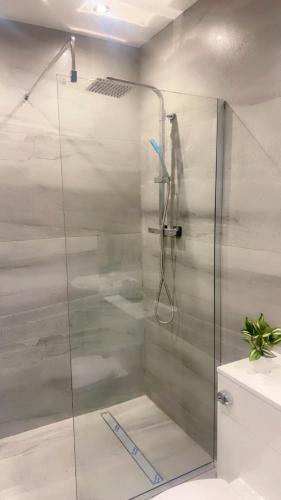 a shower with a glass door in a bathroom at AeroSuites Luton - SHARED AND PRIVATE Accommodations mins from Luton Airport,FREE selected Breakfast,Adults Only,FREE Parking subject to availability and reservation only, Whats Up number required, Late Self Check In and Out by request only in Luton