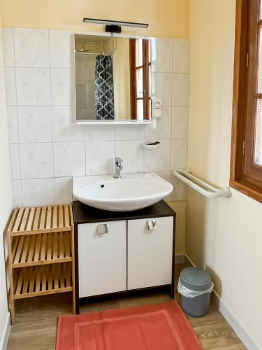 une salle de bain avec un lavabo et un miroir dans l'établissement Maison 4ch, 5 lits, terrasse, Terrasson Dordogne, à Terrasson