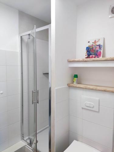 une douche avec une porte vitrée dans une salle de bain dans l'établissement Les Lavandes, parfait pour le Thermalisme, à Balaruc-les-Bains