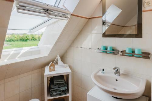 La salle de bains est pourvue d'un lavabo et d'une lucarne. dans l'établissement Ferienwohnung Fachwerkhaus - Süden oben - Bauernhof Hopp Vadersdorf, à Fehmarn