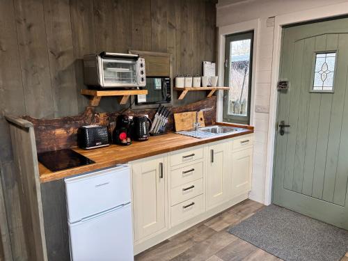 a kitchen with a counter with a microwave and a sink at Hideaway in Lytchett Matravers