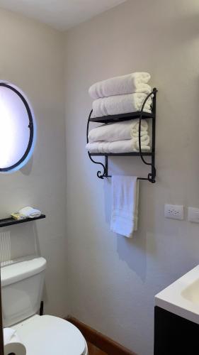 a bathroom with a towel rack with a toilet and a sink at Casa Callejon in San Miguel de Allende