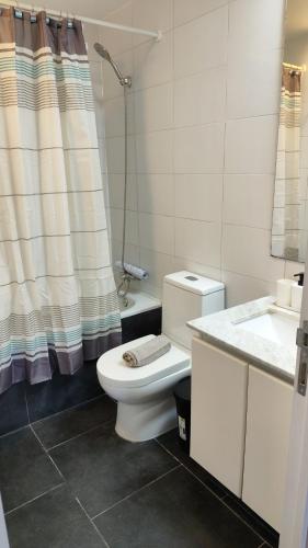 a bathroom with a toilet and a sink at Apartamento en Concepción con estacionamiento privado in Concepción
