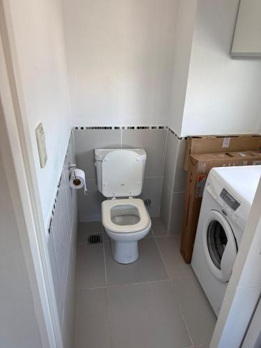 ein kleines Bad mit einem WC und einer Waschmaschine in der Unterkunft Departamento de 1 dormítorio más sofá cama en living in Marcos Juárez