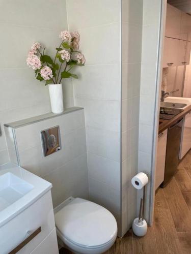 La salle de bains est pourvue de toilettes et d'un vase de fleurs. dans l'établissement SUPER STUDIO AVEC PISCINE À 60 m DE LA MER, à Nice