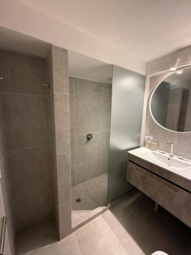 a bathroom with a shower and a sink and a mirror at Departamento Mendoza Centro remodelado a nuevo in Mendoza