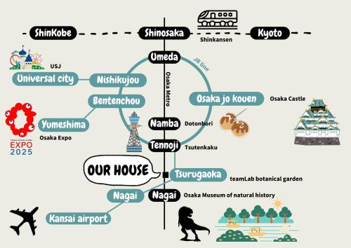 a diagram of the four houses of the house of horrors at JABA HOUSE Nagaiー11min Nambaー2min Airport line Station in Osaka