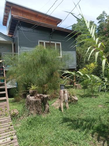a house with a tree stump in the yard at A LO DE MARY cabañas Isla Tigre in Tigre