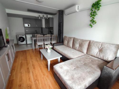 ein Wohnzimmer mit Sofa und Tisch in der Unterkunft Deluxe Apartment In Belvedere With Terrace in Bansko