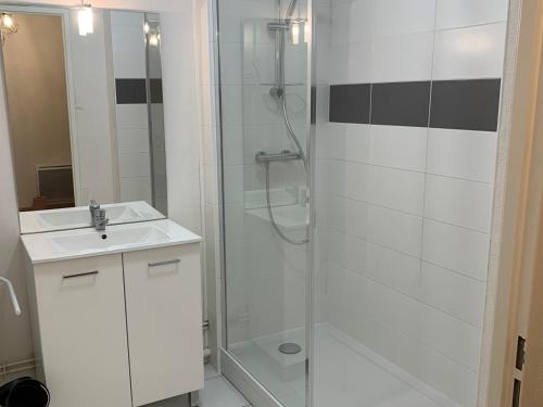 une salle de bain avec douche et lavabo dans l'établissement Appartement moderne à 2 min de la plage, vue mer, animaux admis - FR-1-482-153, à Fort-Mahon-Plage