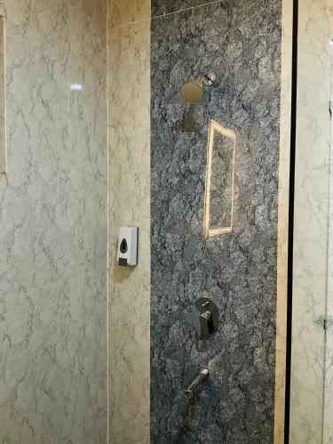 a shower with a glass door in a bathroom at Satyam Shivam Sundaram in Mukteswar
