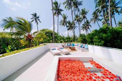 a pool of red roses on a balcony with palm trees at Ycona Eco-Luxury Resort, Zanzibar in Dikoni