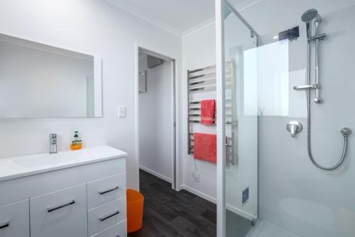 a bathroom with a white sink and a shower at 18 on Burgundy in Martinborough 