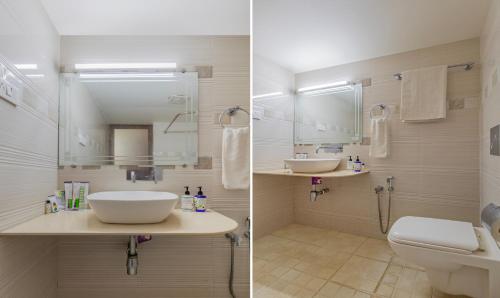 two pictures of a bathroom with a sink and a toilet at Treebo Sadhoo Heritage in Kannur
