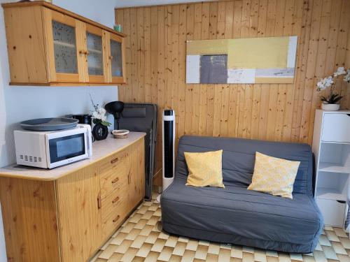- un salon avec un canapé et un four micro-ondes dans l'établissement Valras-plage studio cabine 100m de la plage, à Valras-Plage