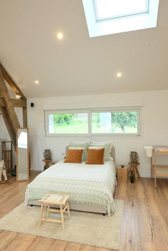 - une chambre avec un grand lit et une lucarne dans l'établissement Le photo studio, à Tremblois-lès-Rocroi