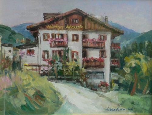 a painting of a house with flowers in front of it at Albergo Miravalle-Tre Cime Views in Auronzo di Cadore