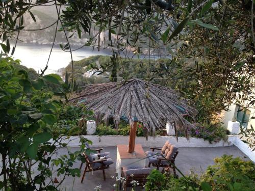 Myrto's house في لياباديس: طاولة وكراسي مع مظلة في حديقة