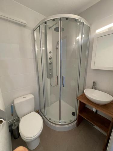 Un baño con ducha, inodoro y lavabo. en VA THORENS studio SUD VUE 180 WIFI, en Val Thorens