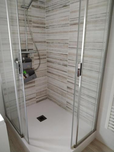 une douche avec une cabine en verre dans une salle de bain dans l'établissement Maison proche circuit 24H, à Arnage