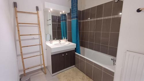 La salle de bains est pourvue d'un lavabo, d'un miroir et d'une baignoire. dans l'établissement T2 4 couchages emplacement idéal, au Teich