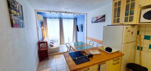 une cuisine avec un évier et un réfrigérateur dans l'établissement PORT CAMARGUE Studio vue mer, au Grau-du-Roi