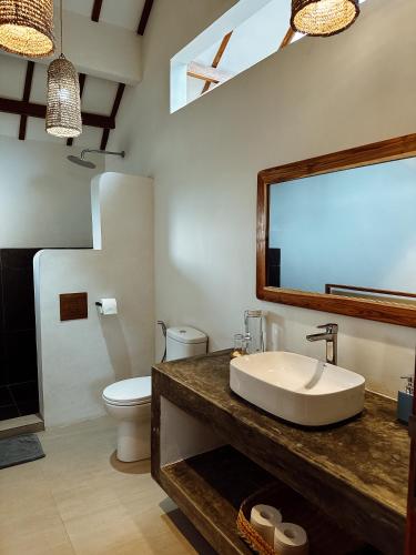 a bathroom with a sink and a toilet and a mirror at Villa Treetop, 2BR with spectacular ocean view in Nusa Penida