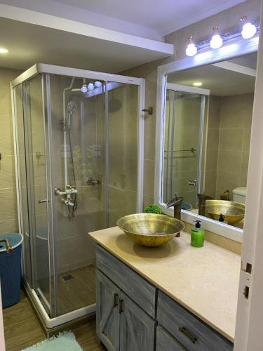 a bathroom with a sink and a shower with a bowl at vintage sea view apartment in Hurghada