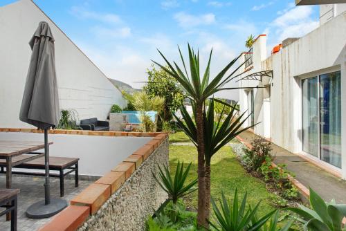 a patio with a table and an umbrella and a palm tree at Pool Apartment Studio Private in Caniço