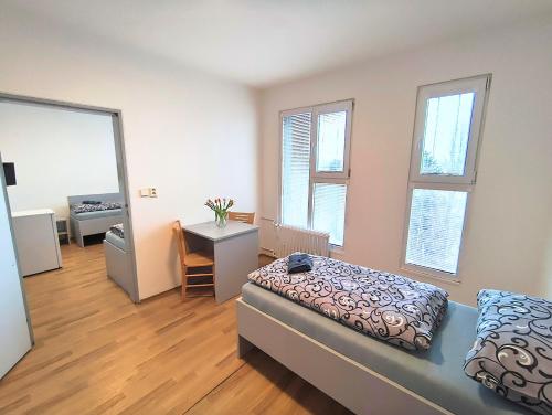 a bedroom with a bed and a desk and a mirror at Penzion a ubytovna Oáza in Otrokovice