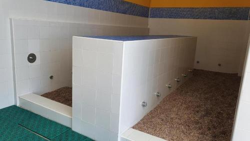 a bathroom with a shower with a white tile wall at AL ANDALUS-THALASSA Premium in Vera