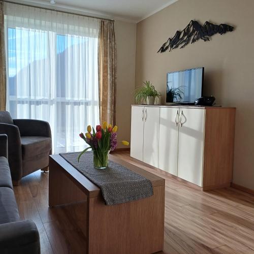 a living room with a couch and a tv at Hölbinger Alm - Apartments in Anger